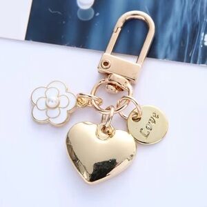 Bag Charm Gold Tone with White Flower, Heart, Love